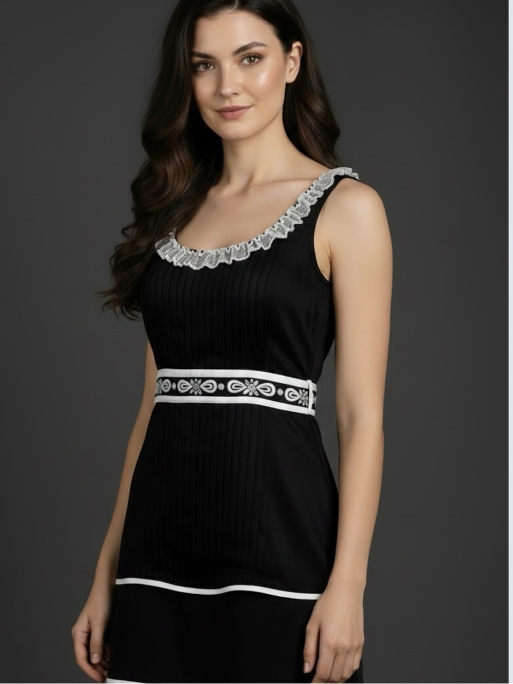 Nicole Miller Black Satin Sleeveless Tuxedo Pleated Tunic Blouse